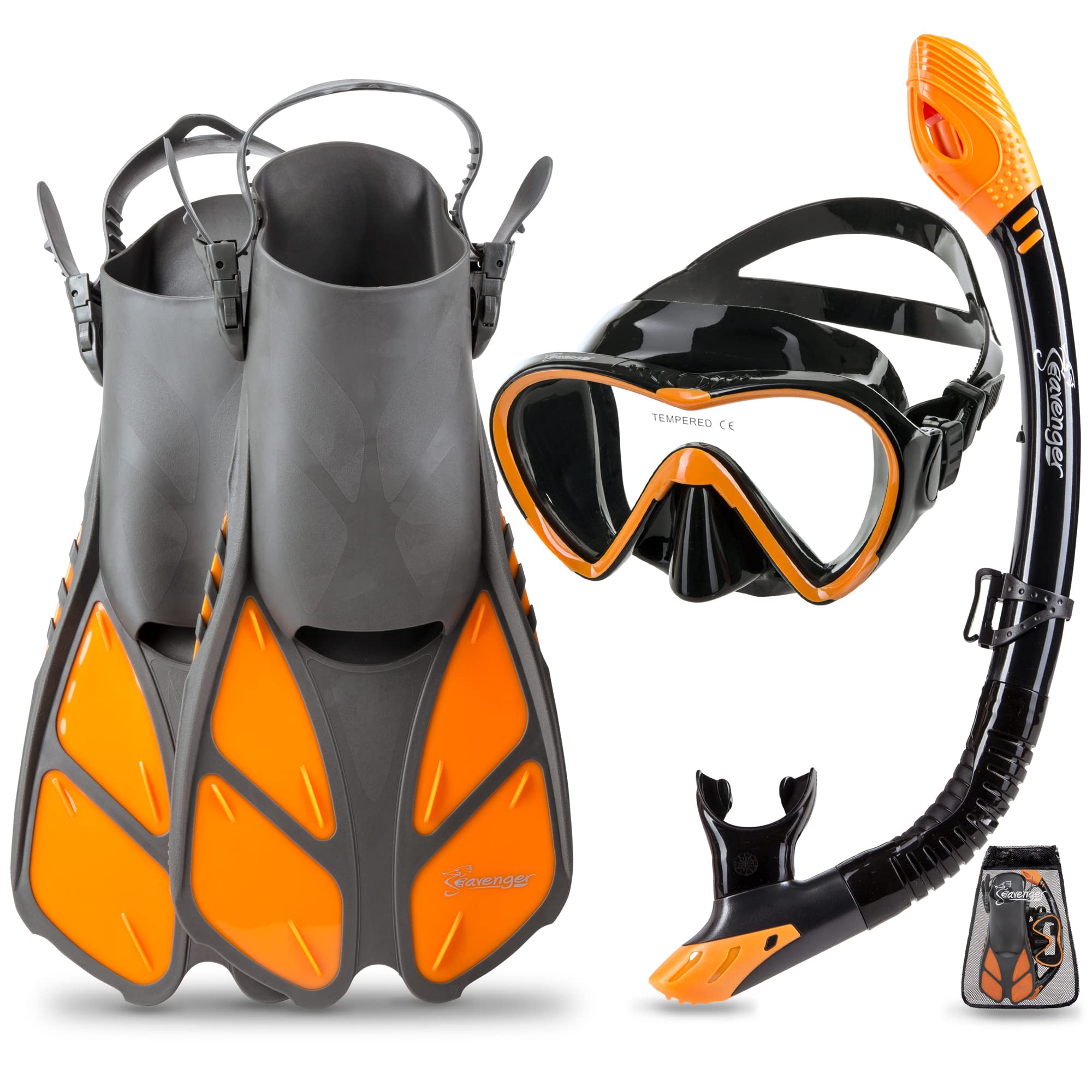 Seavenger Diving Dry Top Snorkel Set with Trek Fin, Single Lens Mask and Gear Bag, S/M - Size 4.5 to 8.5, Gray/Black Silicon/Ora