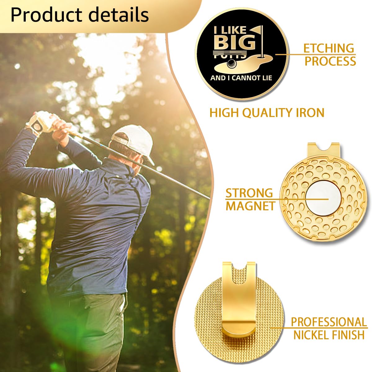 Geygie I Like Big Puts And I Cannot Lie Black Gold Golf Ball Marker With Magnetic Hat Clip, Funny Golf Gifts And Accessories For