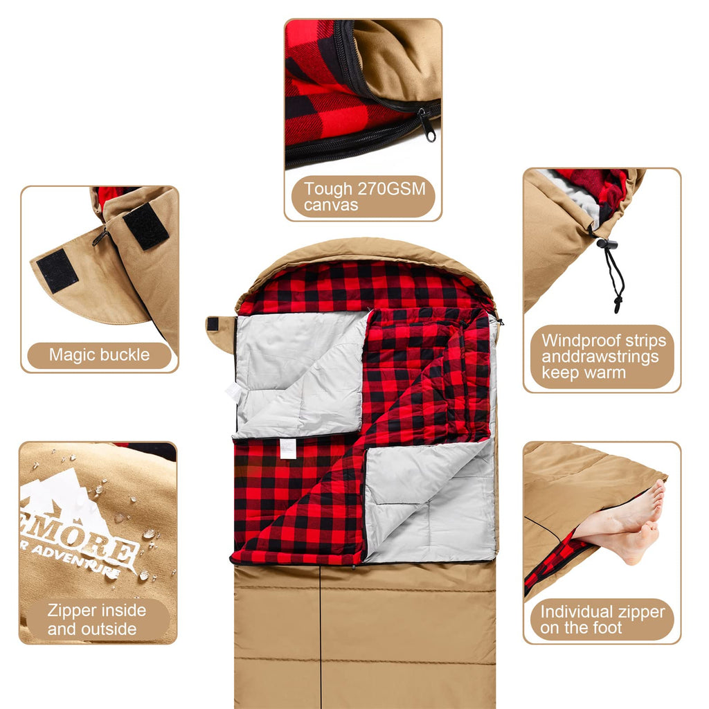 0 Degree Canvas Sleeping Bag For Fishing, Hunting, Traveling And Camping Particularly In Cold Winter Outdoor With Removable Flan