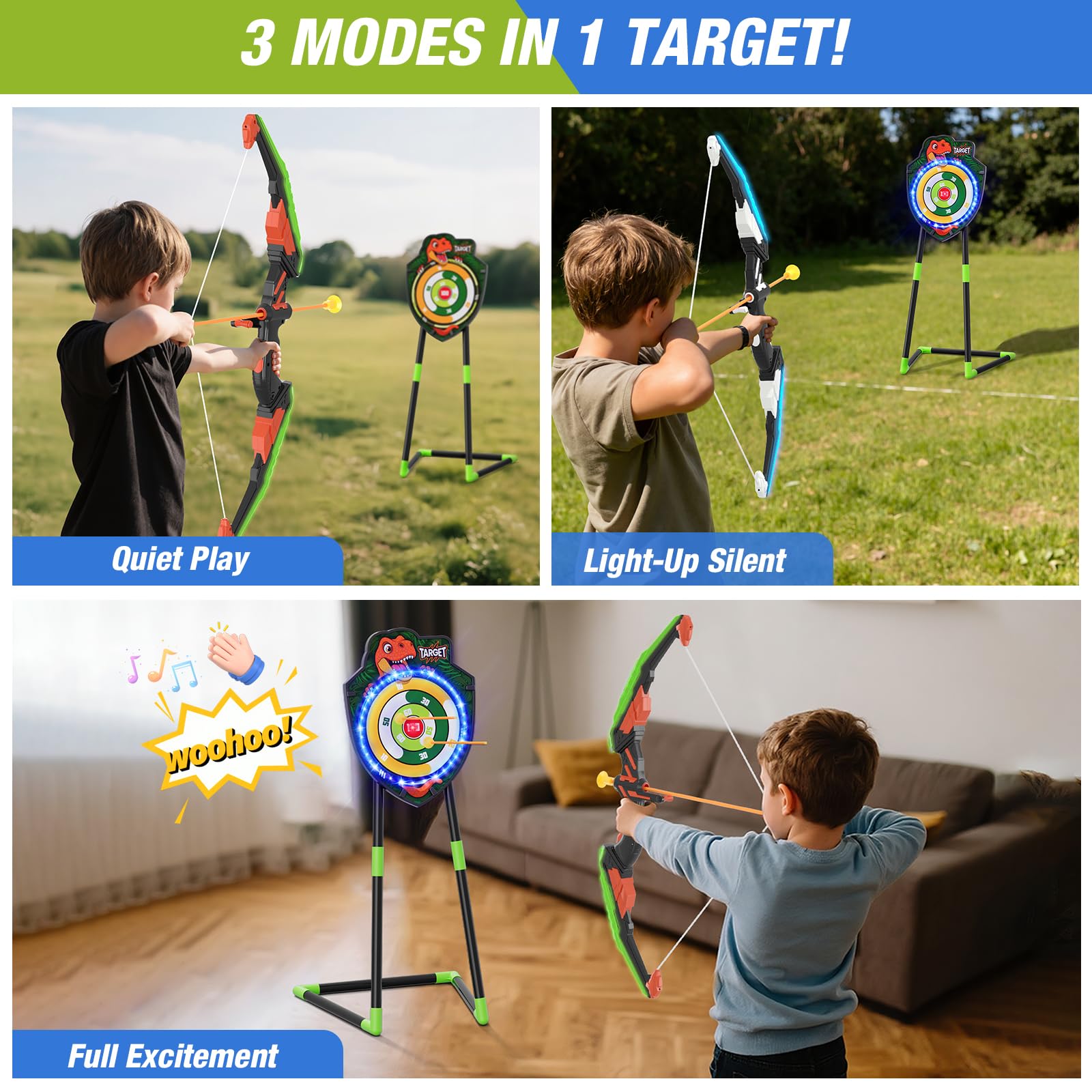 HYES 2 Pack Kids Bow and Arrow, LED Light Up Archery Set with 24 Suction Cup Arrows, Indoor Outdoor Sport Dinosaur Toys Gifts fo