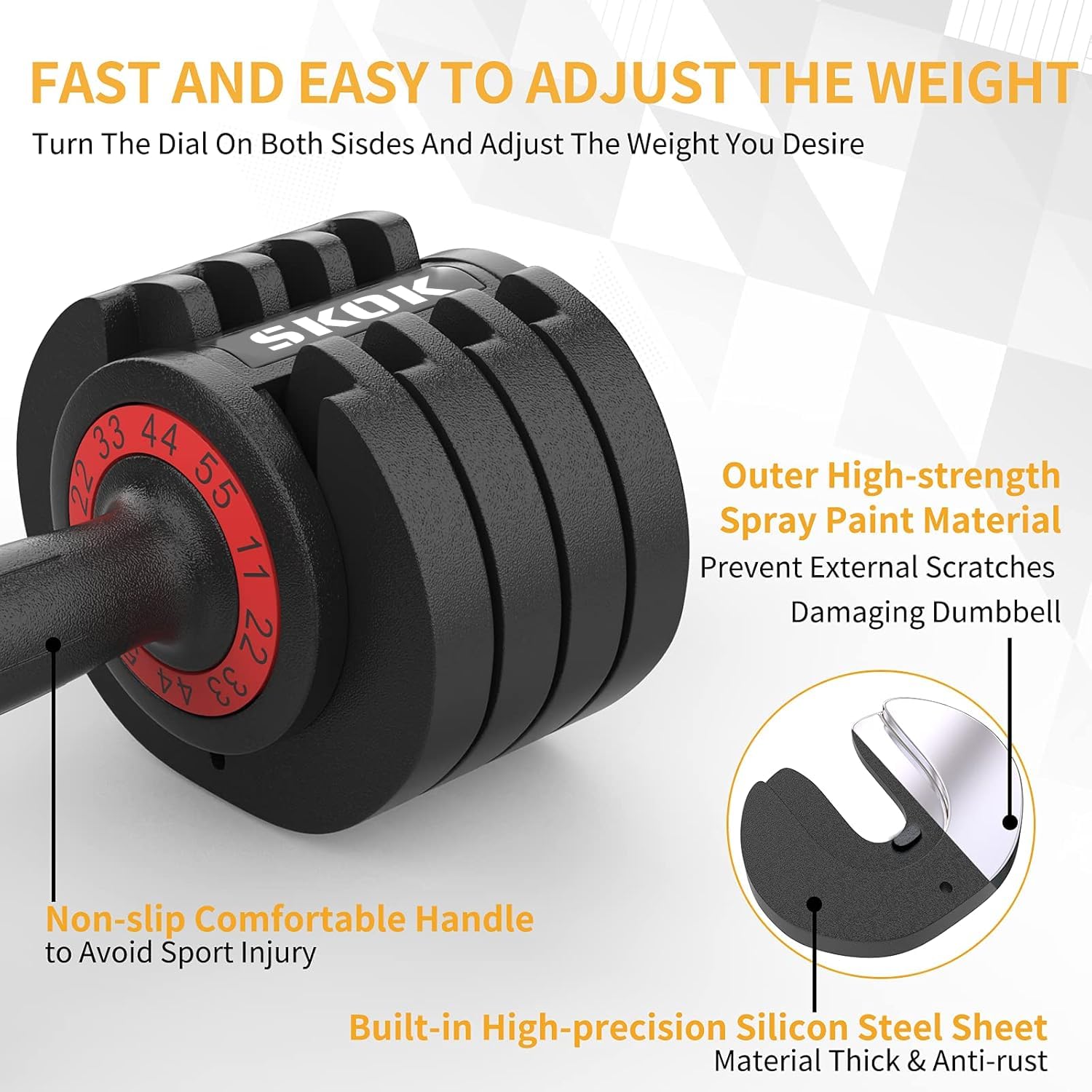 Skok 55 Lbs Pair Adjustable Dumbbells Set, Adjustable Weights Dumbbells Set For Men And Women With Anti-Slip Fast Adjust Weight