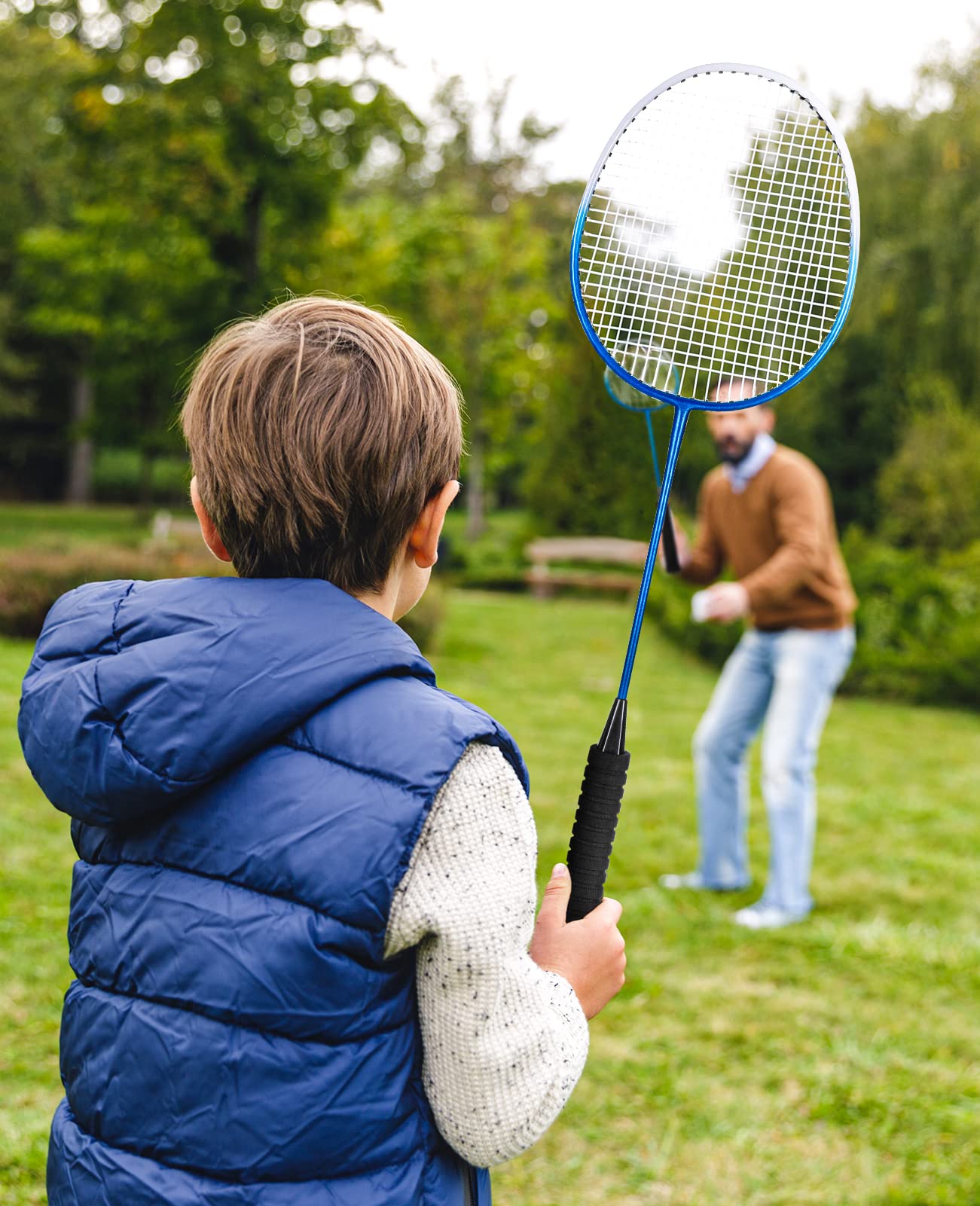 Hiraliy Badminton Rackets Set Of 4 For Outdoor Backyard Games, Including 4 Rackets, 12 Nylon Shuttlecocks, 4 Replacement Grip Ta