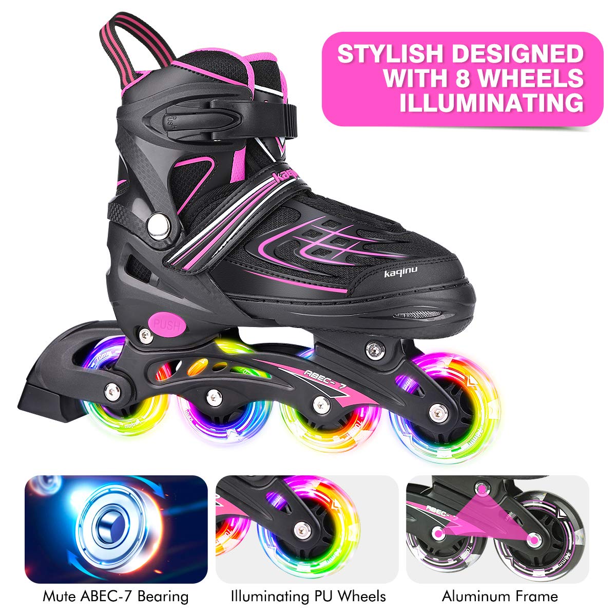 Kaqinu Adjustable Inline Skates, Outdoor Inline Skates With Full Illuminating Wheels For Women, Kids, Girls And Boys (Pink, S)