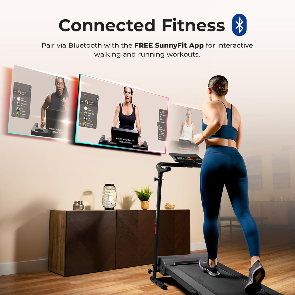 Sunny Health & Fitness Smart Foldable Exercise Running Walking Treadmill, Easy Assembly, LCD Performance Monitor, Device Holder,