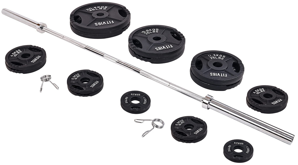Signature Fitness Cast Iron Olympic 2-Inch Weight Plates Including 7FT Olympic Barbell, 325-Pound Set (280 Pounds Plates + 45 Po