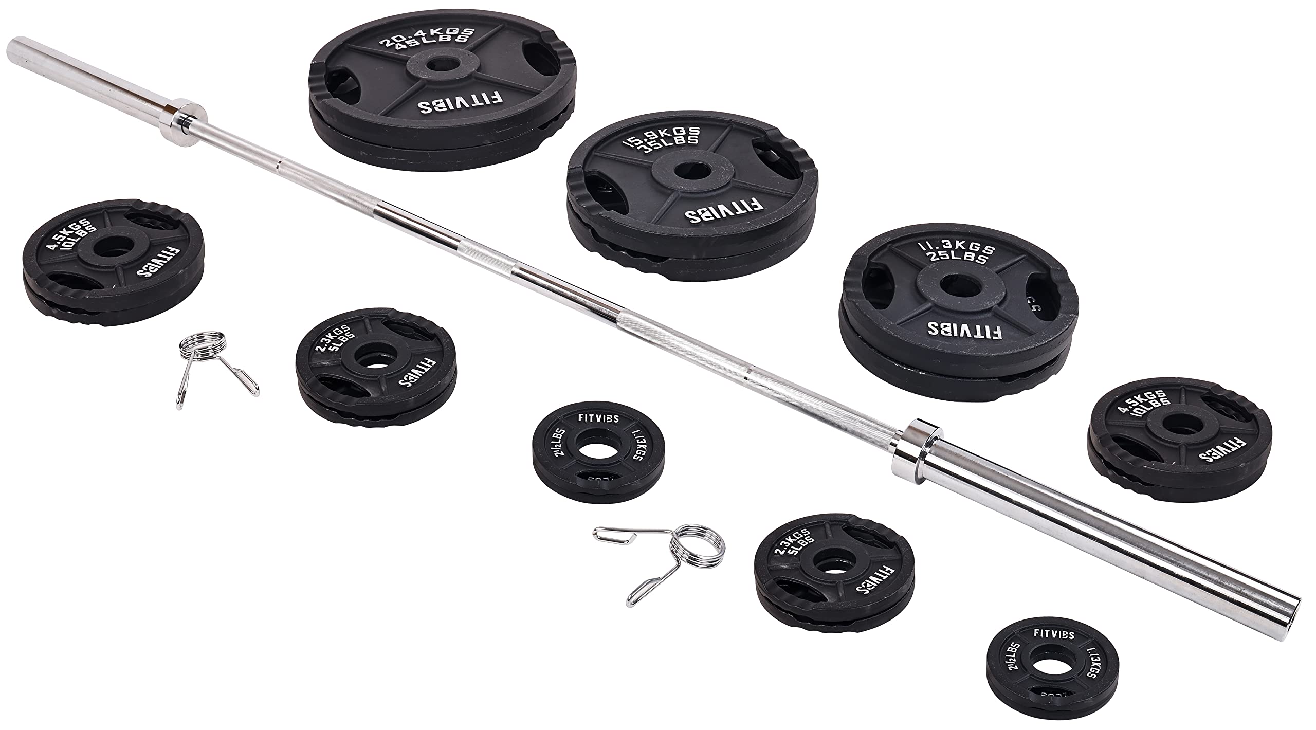 Signature Fitness Cast Iron Olympic 2-Inch Weight Plates Including 7FT Olympic Barbell, 325-Pound Set (280 Pounds Plates + 45 Po