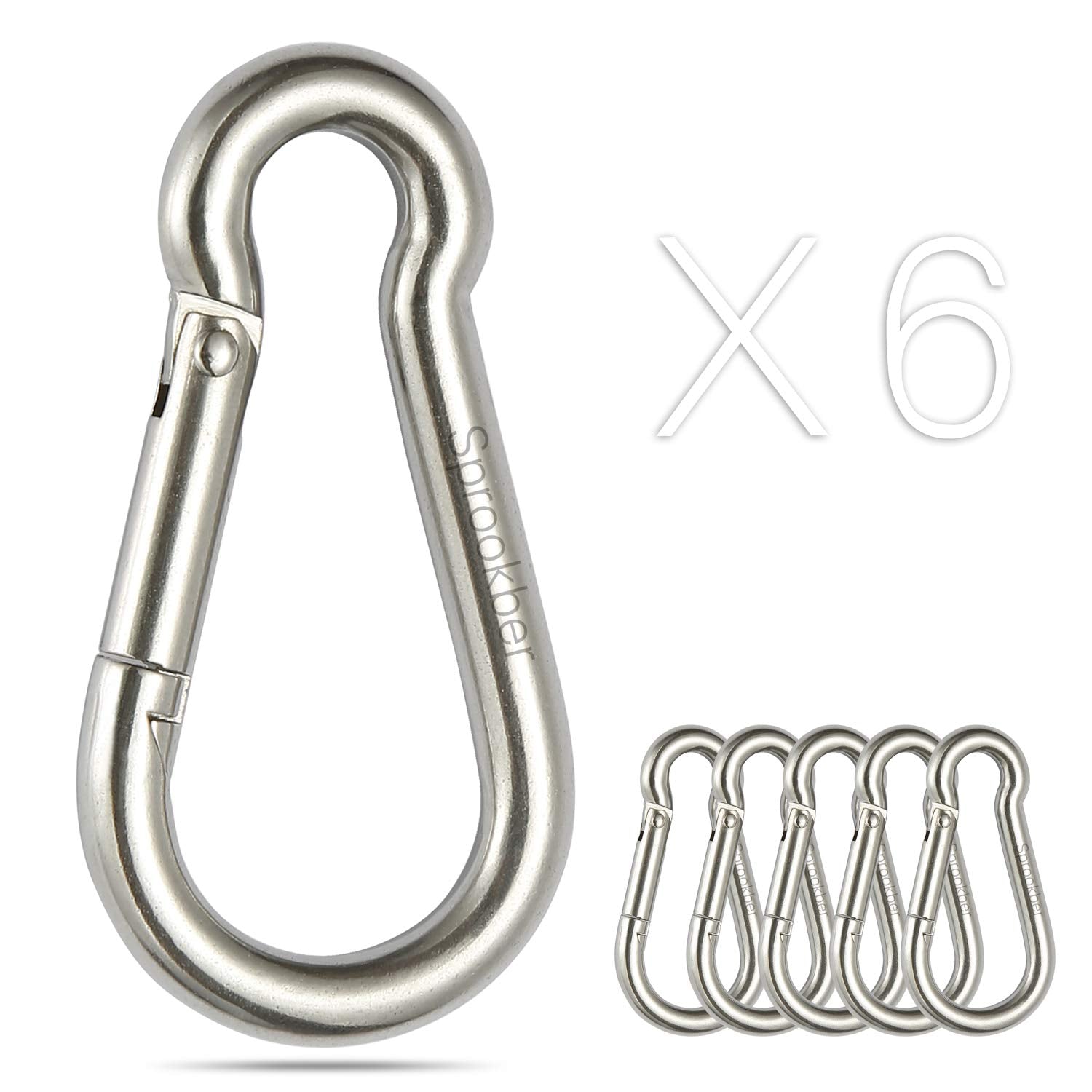 Sprookber Stainless Steel Spring Snap Hook Carabiner - 304 Stainless Steel Caribeener Clips, Set Of 6
