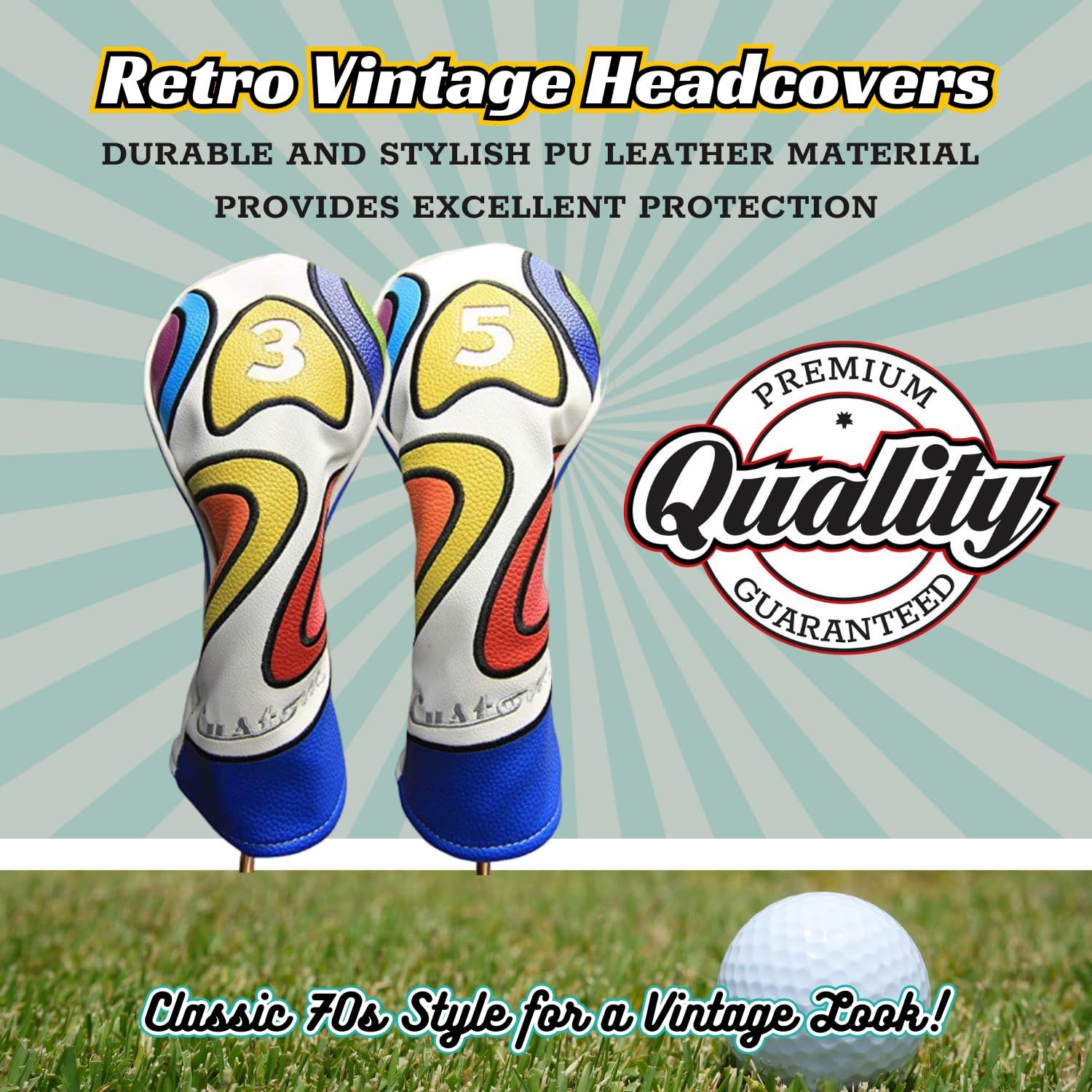Majek Retro Golf Headcover Limited Edition Vintage Leather Style Psychedelic Colorful Groovy Custom Design #3 & 5 Fairway Wood H