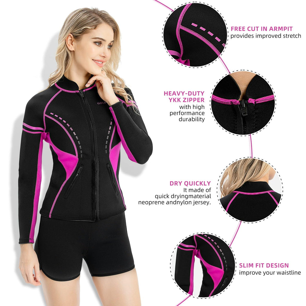 Goldfin Womens Wetsuit Top, 2Mm Neoprene Wetsuit Jacket Ladies Long Sleeve For Water Aerobics Diving Surfing Kayaking, X-Small