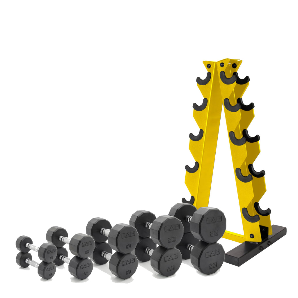 CAP Barbell 150 LB Chrome Handle Coated 12-Sided Dumbbell Set with Vertical Yellow Rack