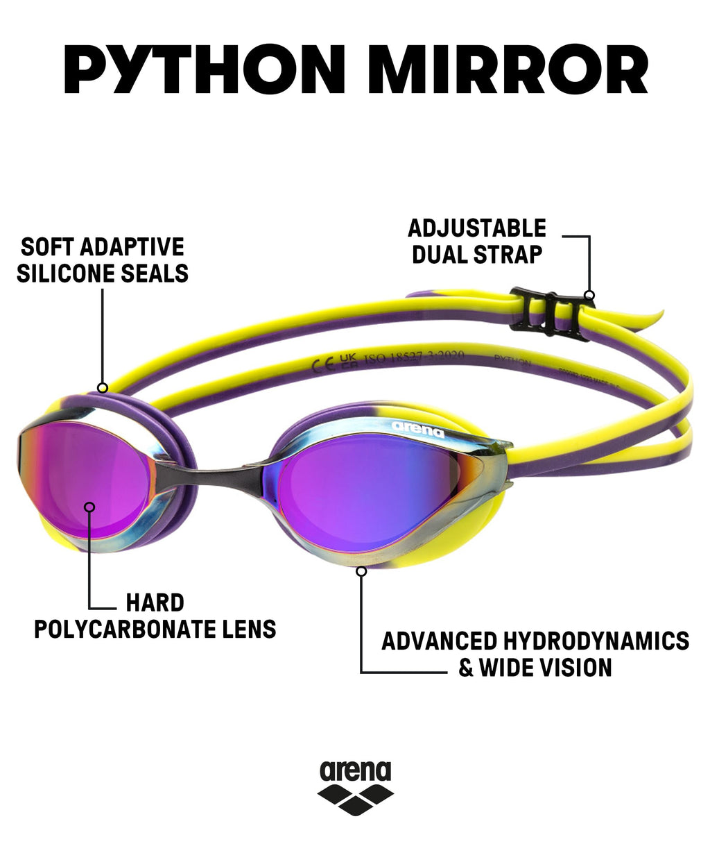 Arena Unisex Adults Python Racing Swim Goggles For Men And Women Competitive Swimmers Anti-Fog Mirror Lens Max Comfort Dual Stra