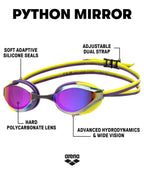 Arena Unisex Adults Python Racing Swim Goggles For Men And Women Competitive Swimmers Anti-Fog Mirror Lens Max Comfort Dual Stra
