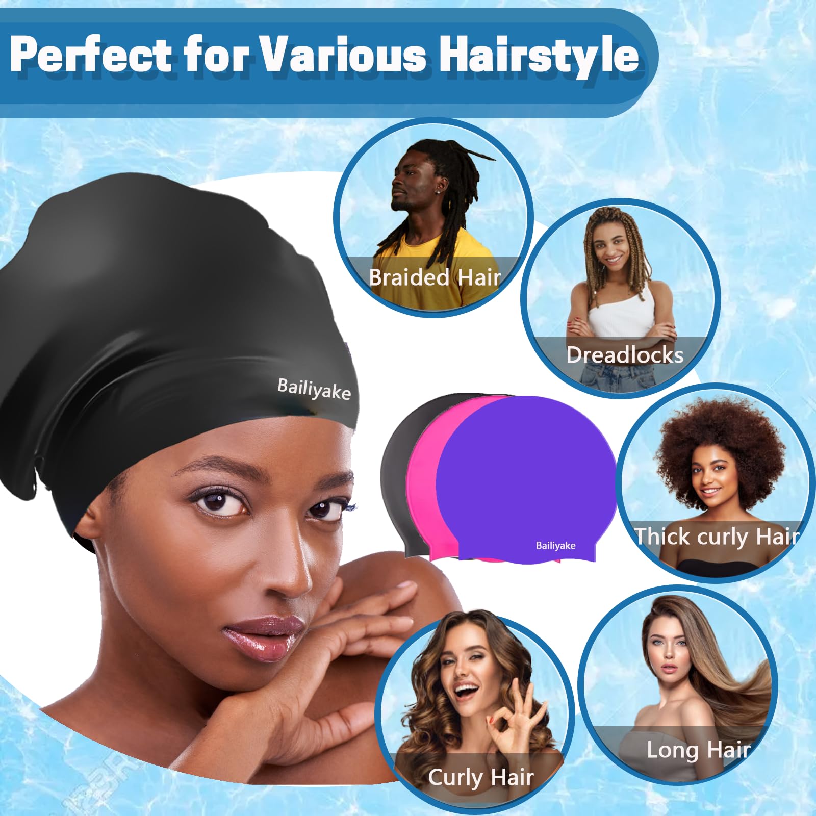 Bailiyake 3 Pack Extra Large Swim Cap For Braids And Dreadlocks