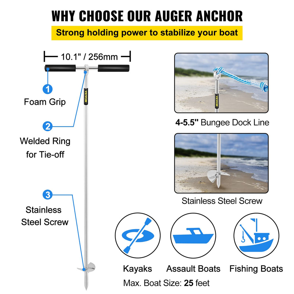 Vevor Sand Anchor, 36'' Length Auger To The Beach And Sandbar, 316 Stainless Steel Screw Anchor W/Removable Handle, Bungee Line