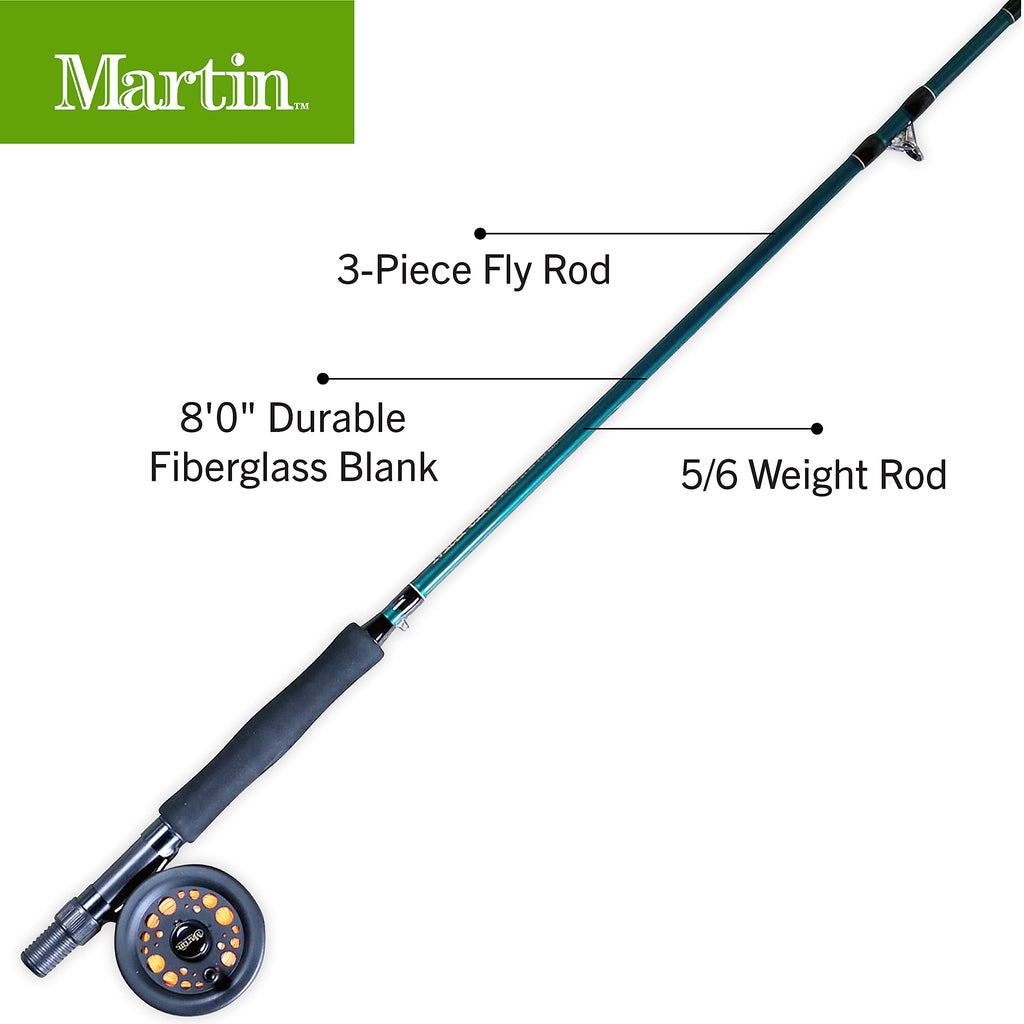 Martin Complete Fly Fishing Kit, 8-Foot 5/6-Weight 3-Piece Fly Fishing Pole, Size 5/6 Rim-Control Reel, Pre-Spooled With Backing