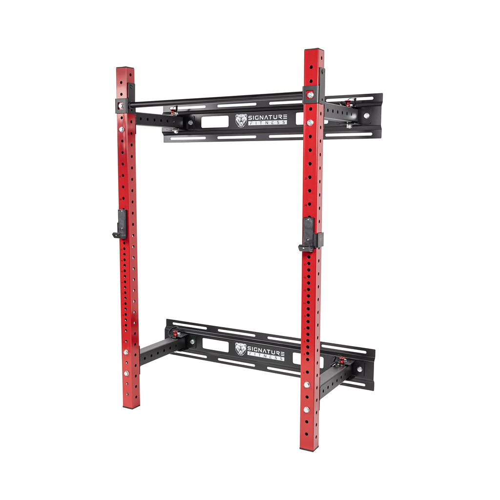 Signature Fitness 3    x 3    Wall Mounted Fold-in Power Cage Squat Rack with Adjustable Pull Up Bar and J Hooks - Space-Saving 