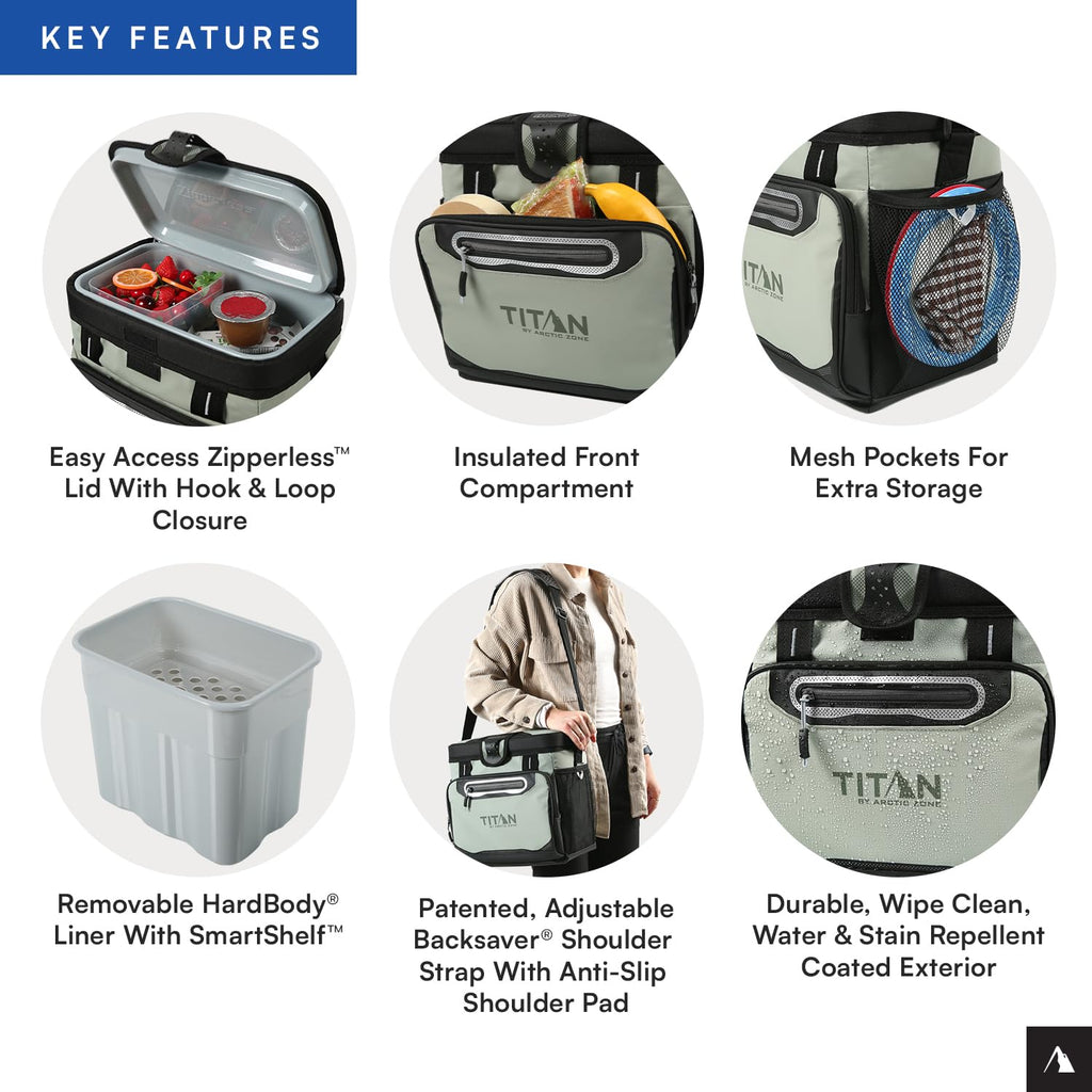 Titan by Arctic Zone 16 Can Zipperless Soft Cooler with HardBody Liner, Seagrass