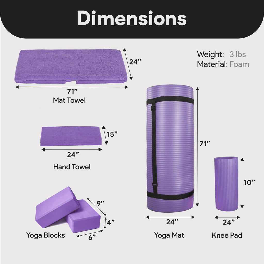 Balancefrom Goyoga 7-Piece Set - Include Yoga Mat With Carrying Strap, 2 Yoga Blocks, Hand Towel And Knee Pad (Purple, 1/2''-Thi