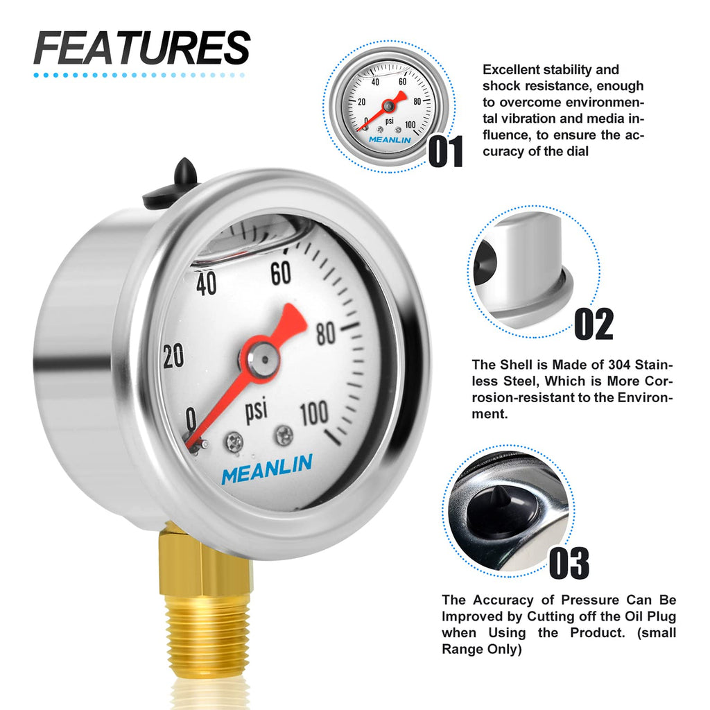 Meanlin Measure 0100Psi Stainless Steel 18 Npt 15 Face Dial, Glycerin Filled Fuel Pressure Gauge, Liquid Filled Pressure Gauge W