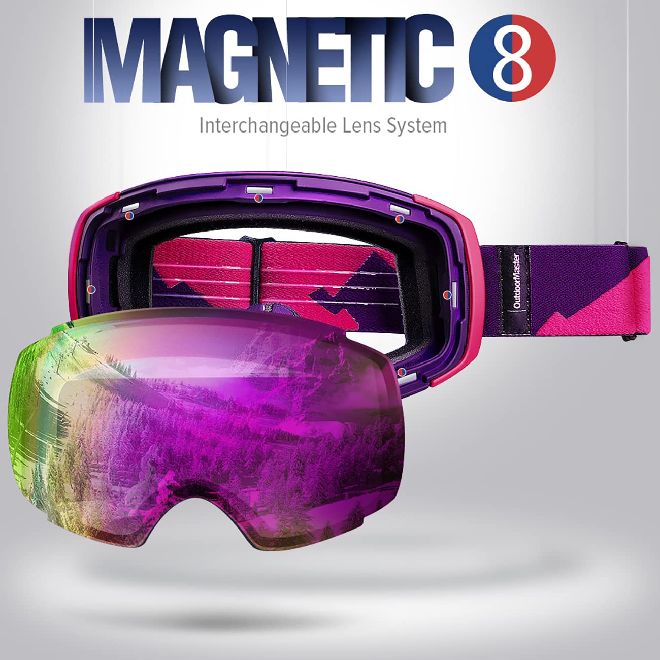 Outdoormaster Ski Goggles Pro - Frameless, Interchangeable Lens 100% Uv400 Protection Snow Goggles For Men & Women (Pink-Purple