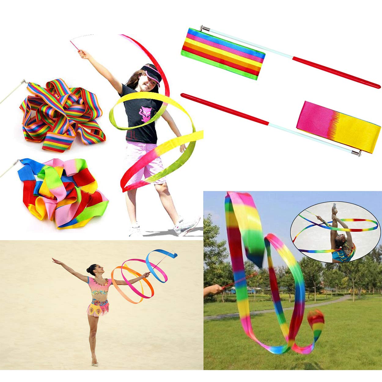 Dance Ribbons Rainbow Streamers Rhythmic Gymnastics Ribbon Baton Twirling Wands On Sticks 2Pc For Kids Artistic Dancing