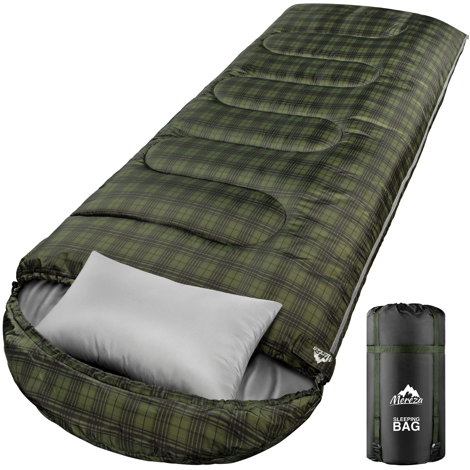 Mereza Sleeping Bag For Adults Mens Kids With Pillow, Cold Weather Xl Sleeping Bag With Compression Sack For All Season Camping 