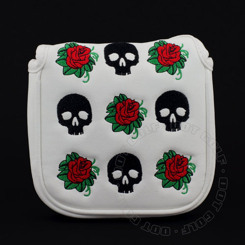 19Th Hole Custom Shop Skull And Rose High-Moi Mallet Putter Headcover, Heel Shaft, White, Golf Head Cover