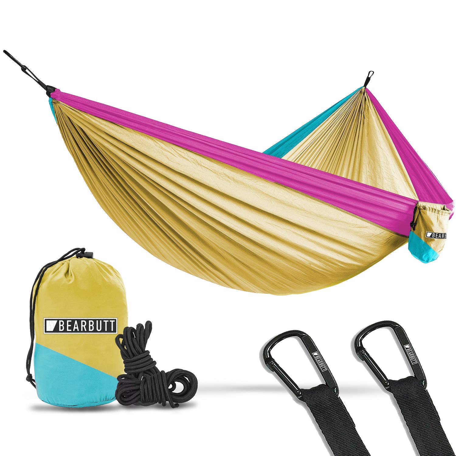 Bear Butt #1 Double Hammock, A Start Up Company Gear At Half the Cost of the Other Guys, Yellow/Sky Blue/Pink