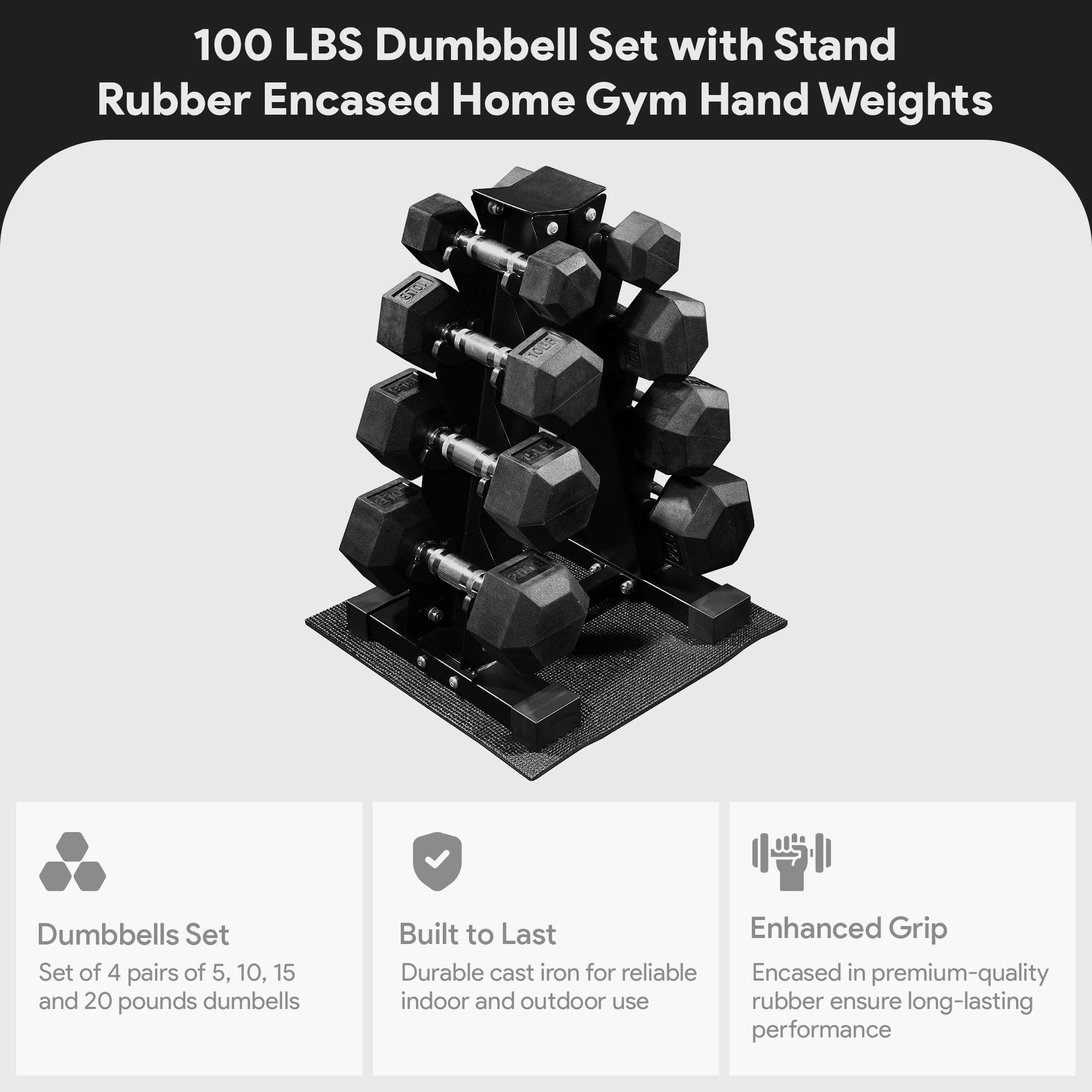 BalanceFrom Rubber Coated Hex Dumbbell Set with A-Frame Rack, Black - Solid Cast Iron Home Gym Weights with Chrome Handles for F