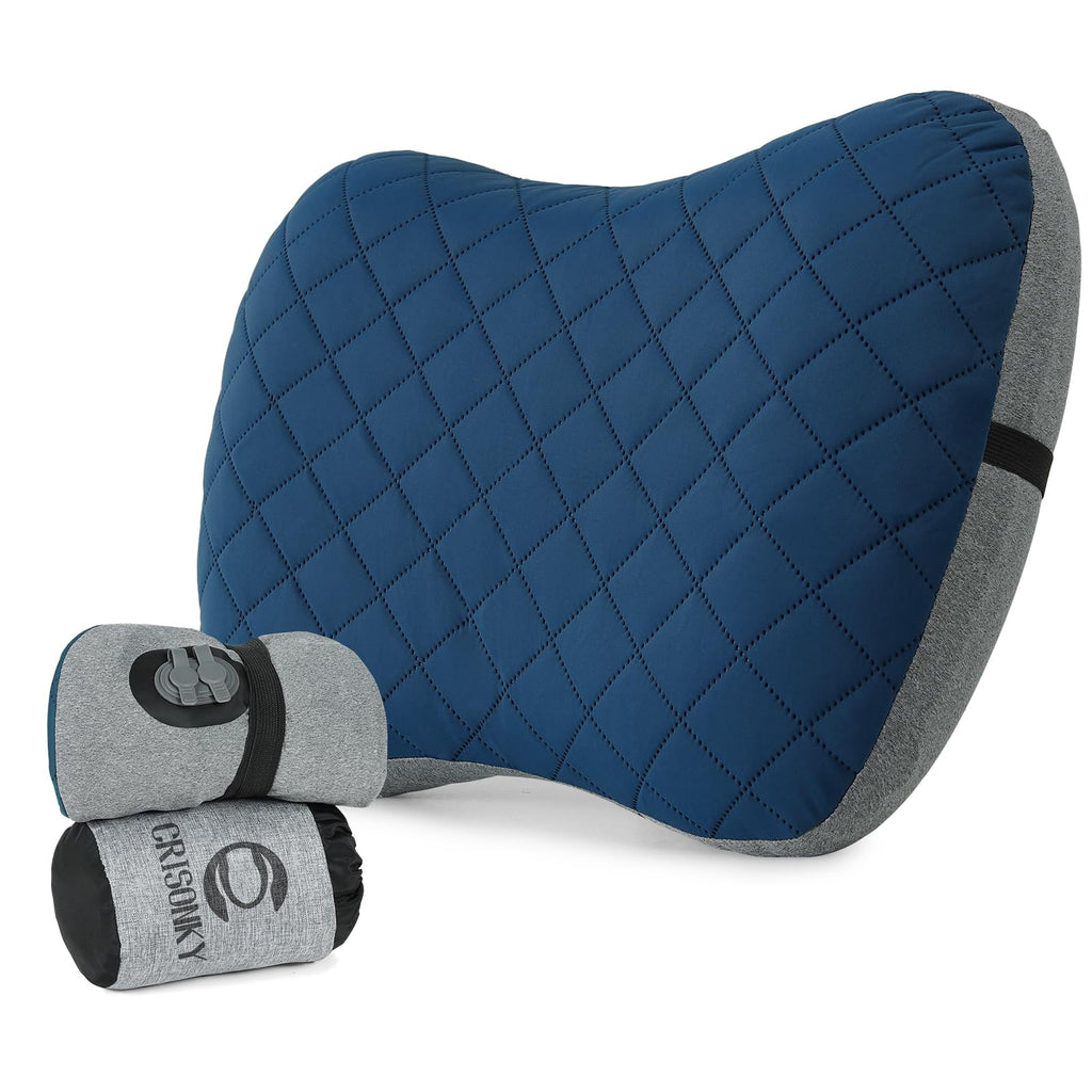 Camping Pillow With Removable Cover- Inflatable Pillow - Travel Pillows For Backpacking & Airplane, Lumbar Support Blow Up Pillo