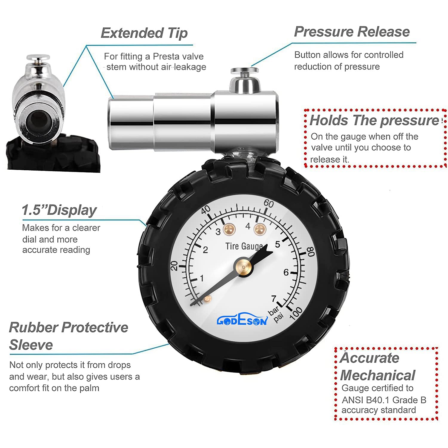 Presta Valve Gauge, Godeson Analog Presta Valve Bicycle Tire Pressure Gauge,100Psi/7Bar, Suitbale For Hybrid Bike Tire Inflation