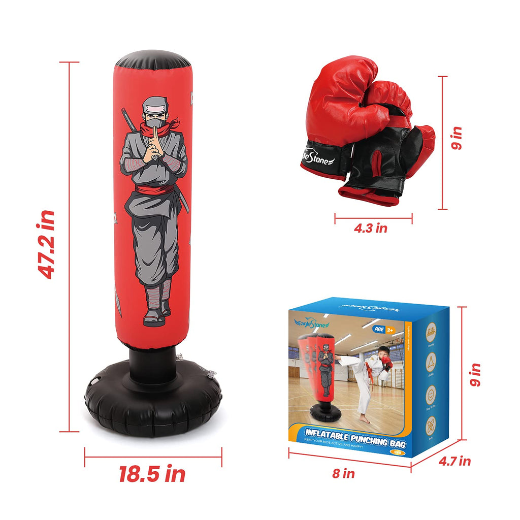 47 Kids Punching Bag with Boxing Gloves - Inflatable Boxing Bag for Boys & Girls, Standing Training Toy for Fitness & Stress Rel