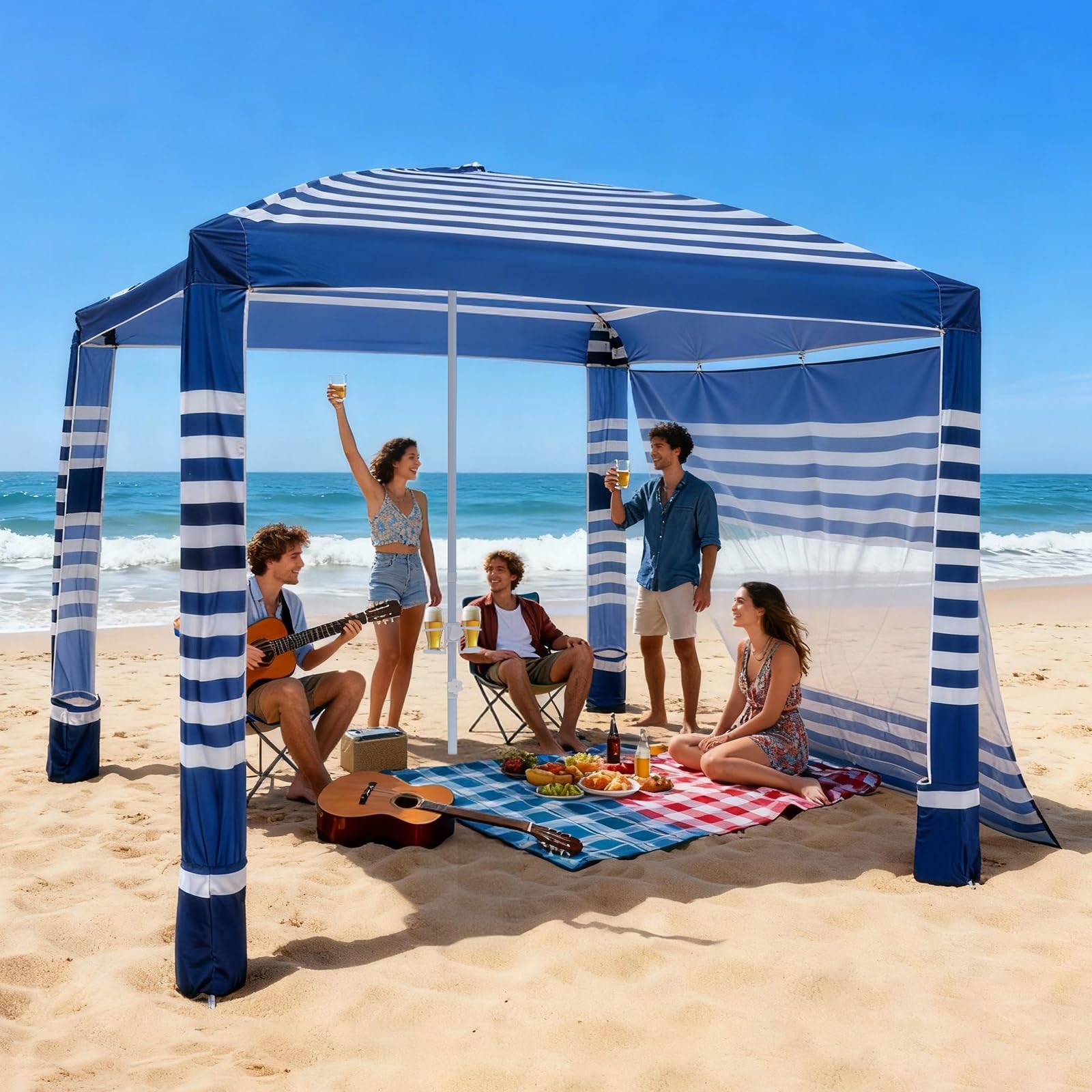 VEVOR Beach Cabana, 8 x 8 ft Beach Canopy with Side Wall, UPF 50+ Protection Easy Setup Cabana Tent with Sand Pockets, Adjustabl