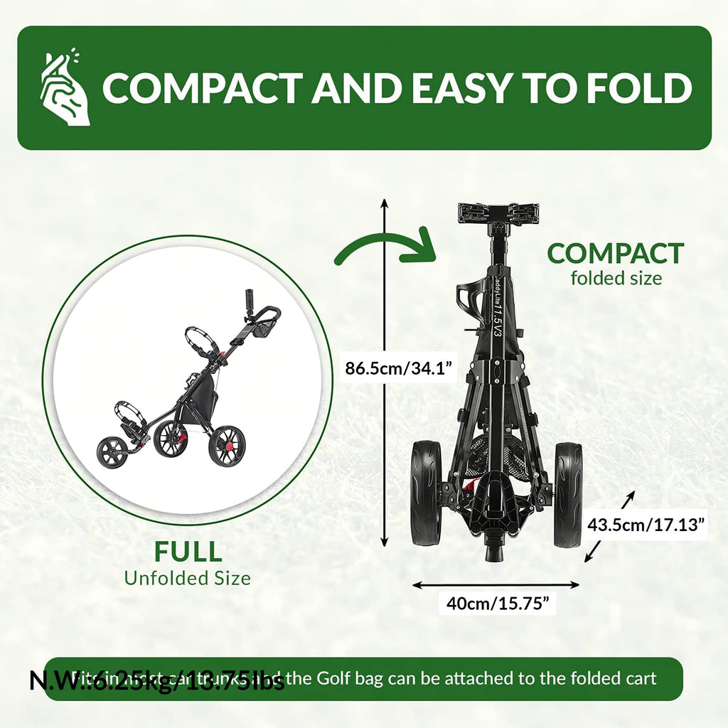 Caddytek Caddylite 115 V3 3 Wheel Golf Push Cart - Superlite Deluxe, Lightweight, Easy To Fold Caddy Cart Pushcart, Blacklime