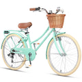 Glerc 24 Inch Beach Cruiser Bike, 6-Speed Hybrid City Bicycle for Girls Youth and Over 6 Years Old, Missy Bike with Wicker Baske