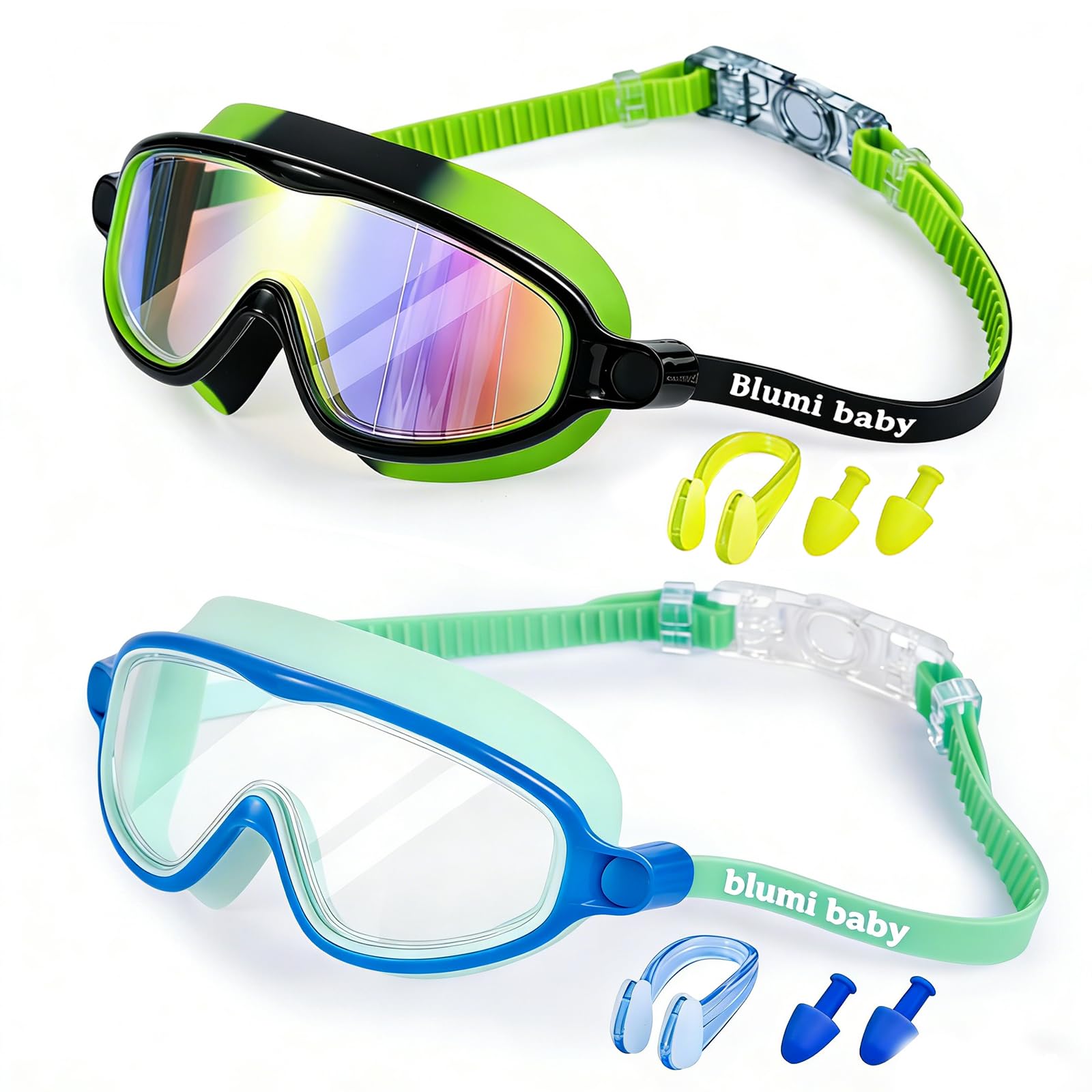 Blumi Goggles Kids, 2 Pack, Ages 3-14, Wide View, Anti-Fog Anti-UV, One-Button Quick Release, No Hair Tangling (Black/Green + Li