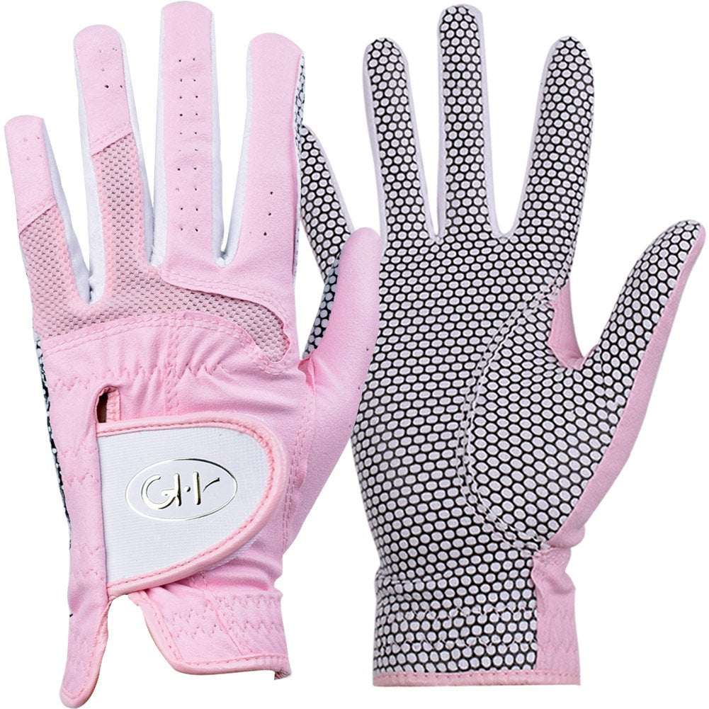 GH Women's Leather Golf Gloves One Pair - Plain Both Hands (Pink, 22 (XL))