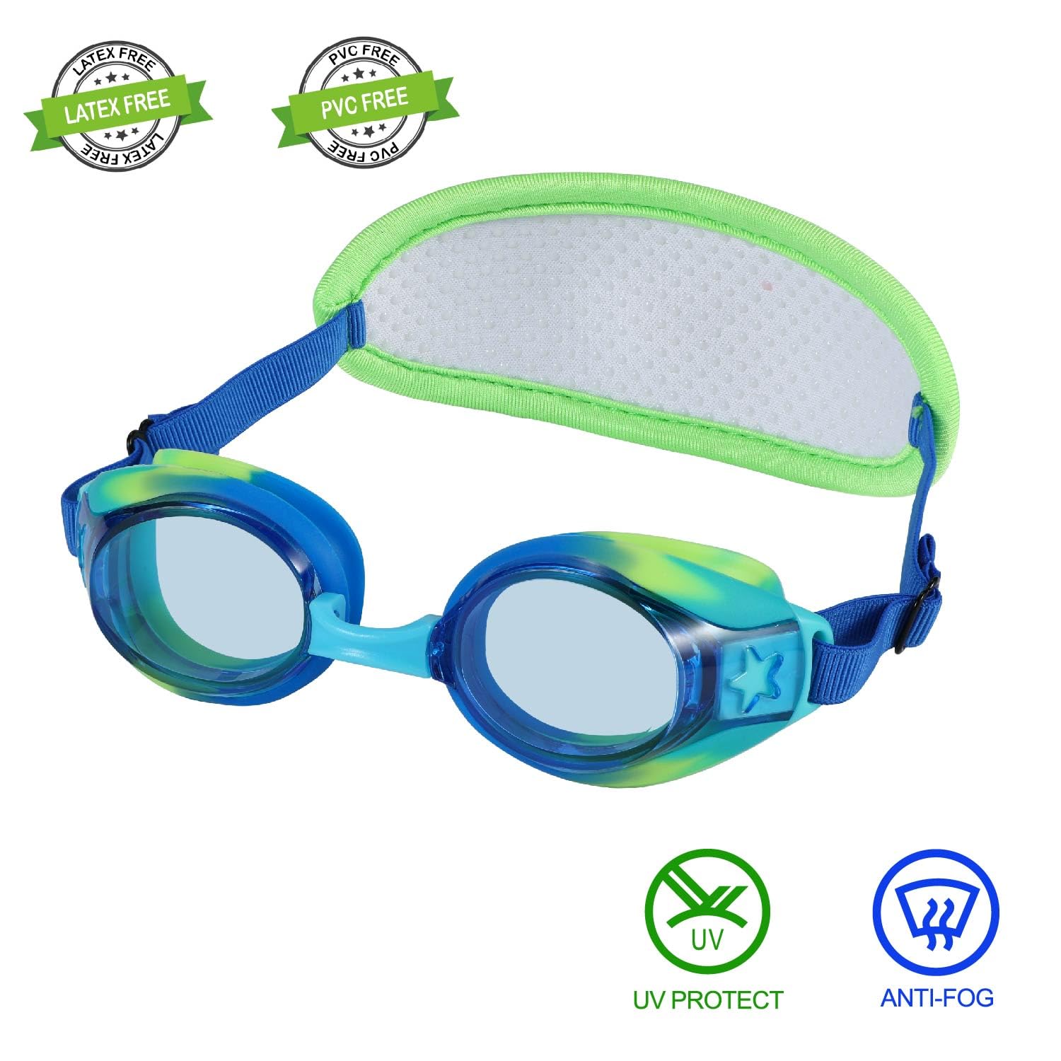 Ruigao Kids Swim Goggles Age 2-6, Toddler Goggles No Hair Pull,Child Goggles Padded Headband (1Pk - Blue Turtle)