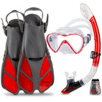 Seavenger Diving Dry Top Snorkel Set With Trek Fin, Single Lens Mask And Gear Bag, L/Xl - Size 9 To 13, Gray/Clear Red