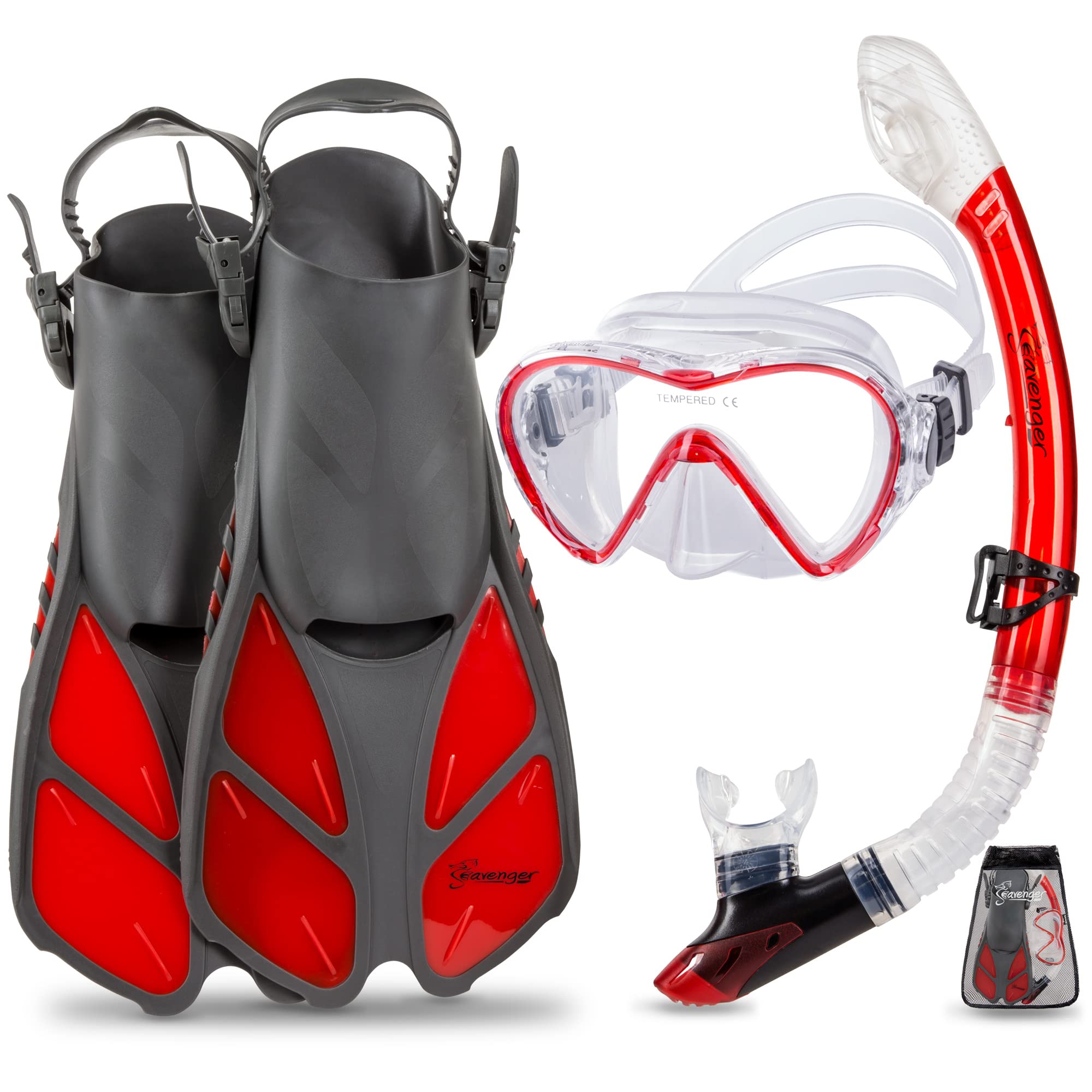 Seavenger Diving Dry Top Snorkel Set With Trek Fin, Single Lens Mask And Gear Bag, L/Xl - Size 9 To 13, Gray/Clear Red