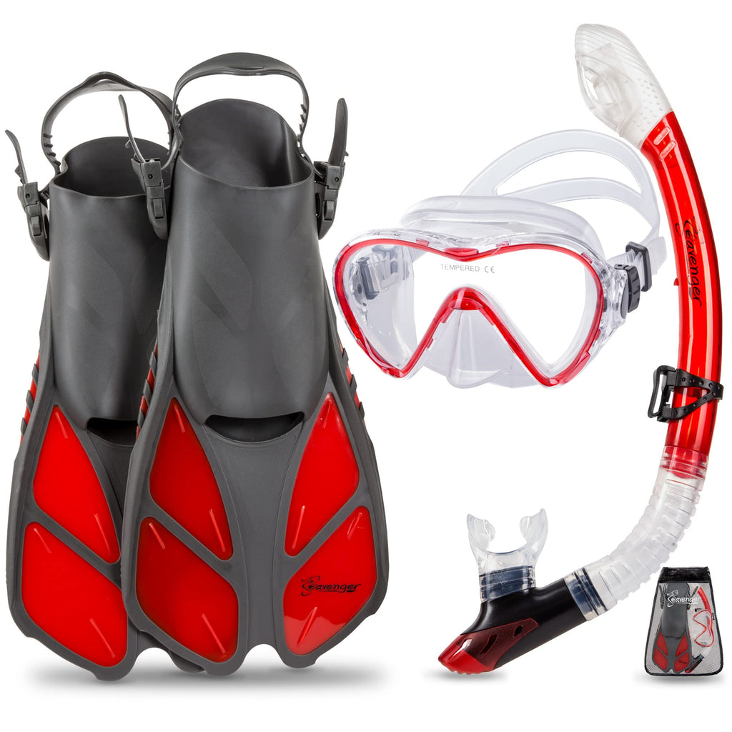 Seavenger Diving Dry Top Snorkel Set With Trek Fin, Single Lens Mask And Gear Bag, S/M - Size 4.5 To 8.5, Gray/Clear Red
