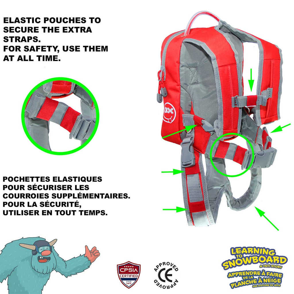 Mdxone Kids Snowboard Ski Harness Trainer With Retractable Leash And Absorb Bungees (Red) Winter 21-22 Yetis Logos