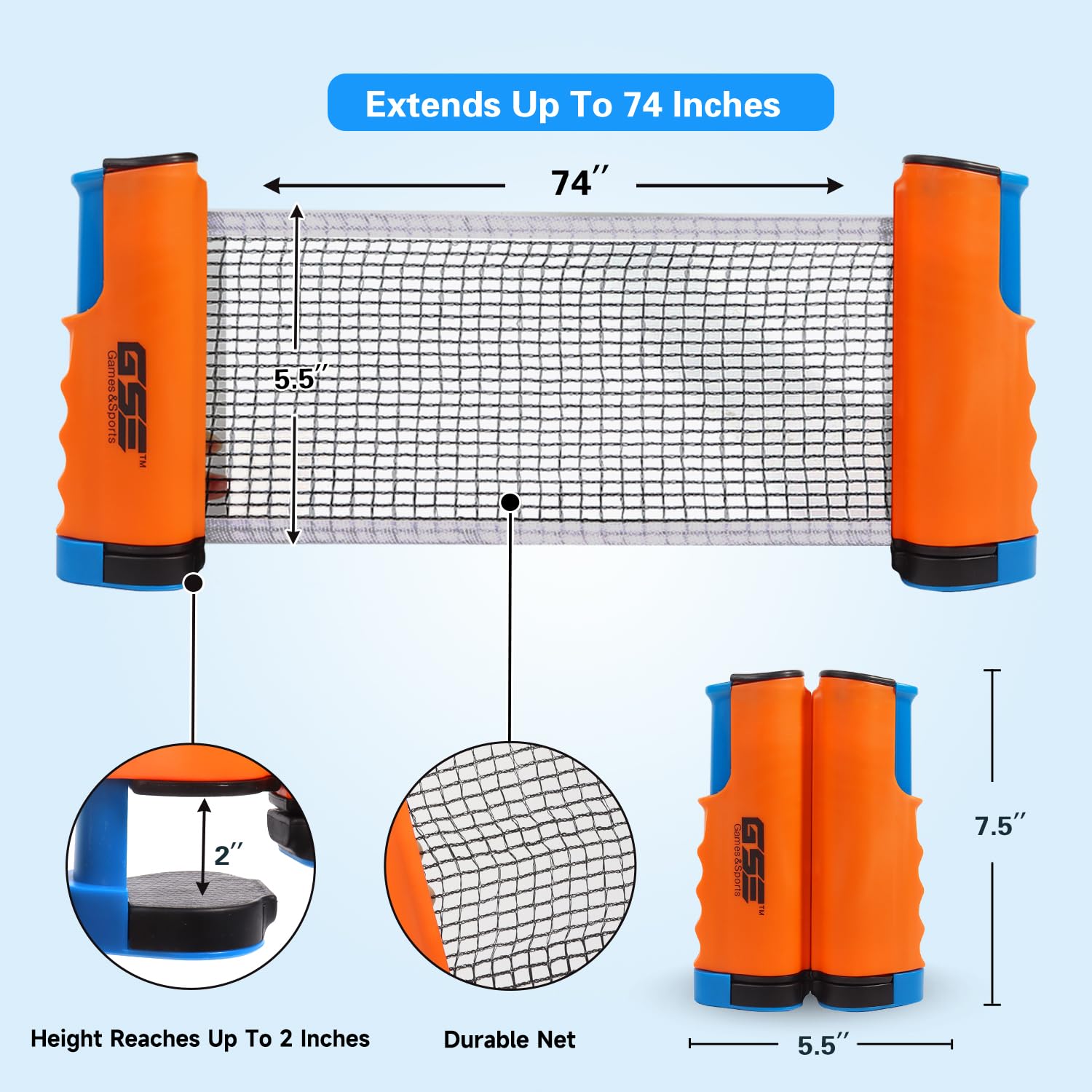 Adjustable Retractable Ping Pong Net  Post Portable Table Tennis Net  Clamps Replacement Ping Pong Net For Any Tables (Orange)