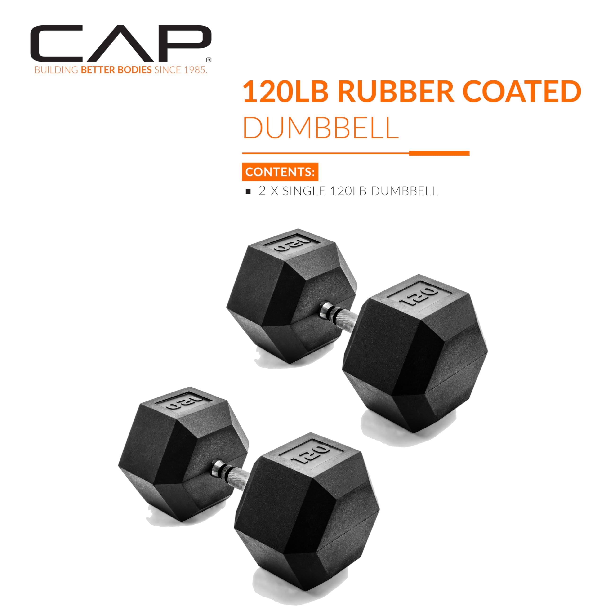 CAP Barbell 120 LB Rubber Coated Hex Dumbbell Hand Weight - Pair | Chrome Handle
