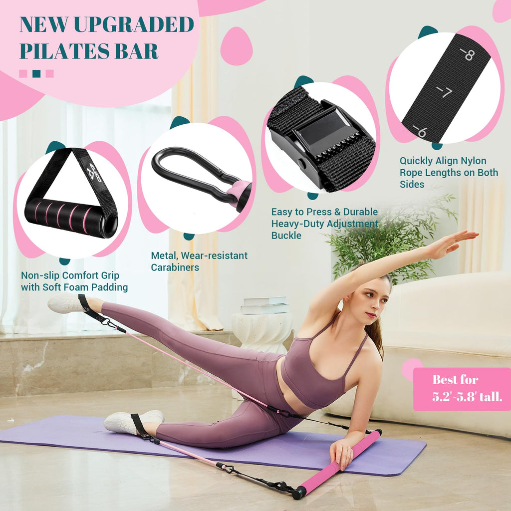 Pilates Bar Kit With Resistance Bands, Multifunctional Yoga Pilates Bar With Heavy-Duty Metal Adjustment Buckle, Portable Home G