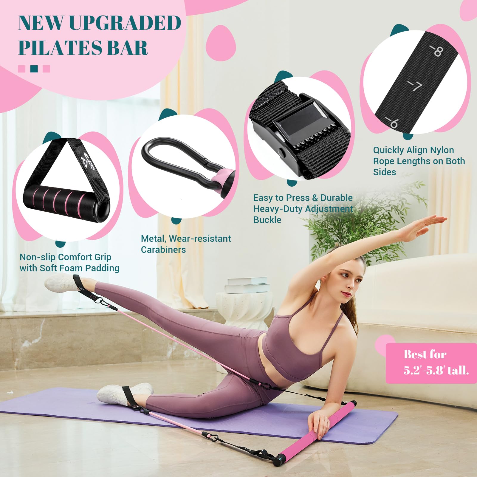 Pilates Bar Kit With Resistance Bands, Multifunctional Yoga Pilates Bar With Heavy-Duty Metal Adjustment Buckle, Portable Home G