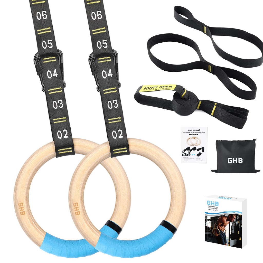 Ghb Gymnastic Rings Wooden Gym Rings 1.25'' Olympic Rings Adjustable Numbered Straps Pull Up Rings Sets For Workout Bodyweight F