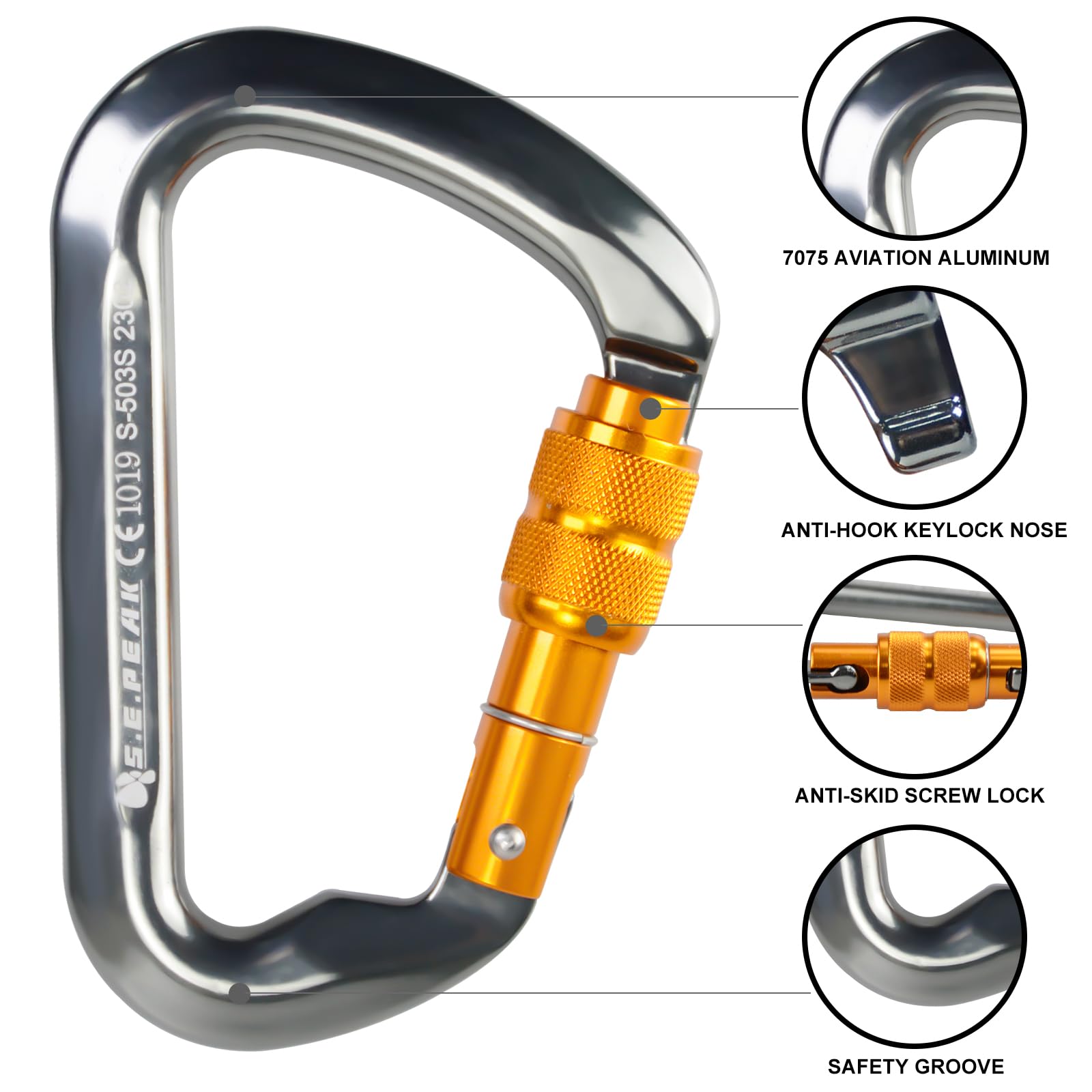 Sepeak Uiaa Ce 30Kn Locking Climbing Carabiner, Professional Heavy Duty Screwgate Clip For Outdoor Climbing, Mountaineering, Rap