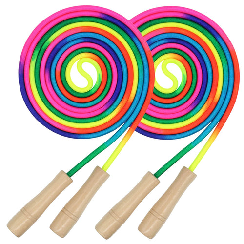 16 FT Long Jump Rope for Kids, 2 Pack Adjustable Double Dutch Skipping Rope with Wooden Handle, Multiplayer Rainbow Jumping Rope