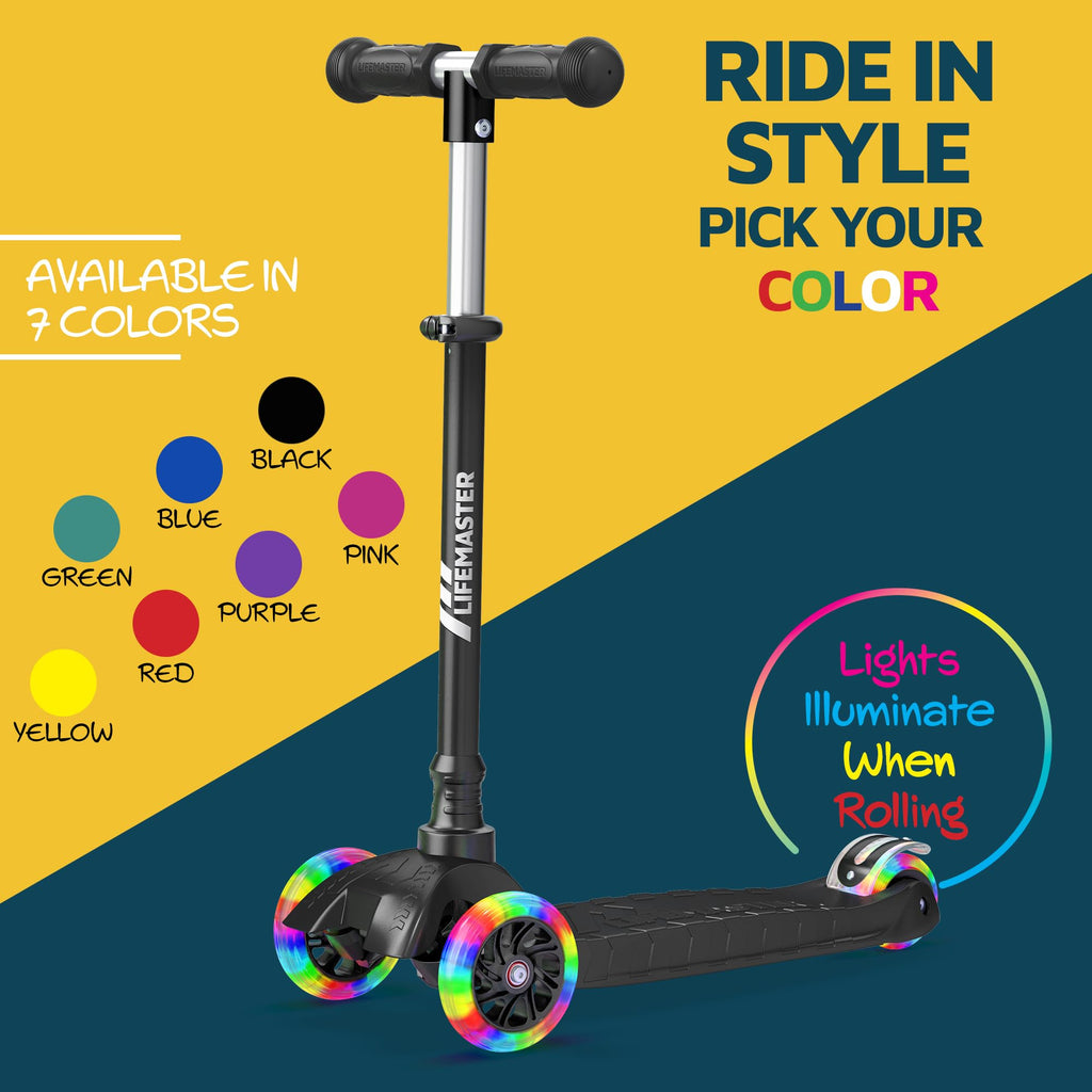 Lifemaster Mini 3-Wheel Kids Scooter with Multi-Color Wheel Lights - 4-Height Adjustable Handlebar, Wide Anti-Slip Deck, Child S